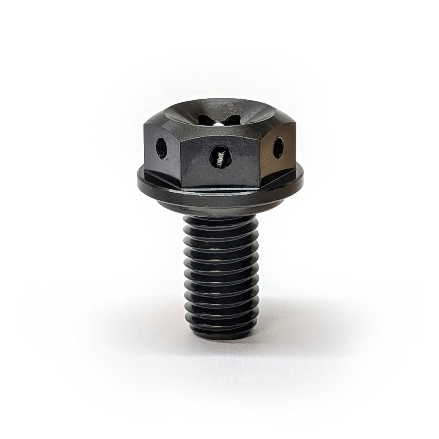 SLIDEmoto BlackTi Countershaft Front Sprocket Bolt is a titanium bolt with a black PVD coating, torx and hex drive, that is pre-drilled for safety wire.